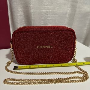 NEW authentic Chanel red metallic Cosmetic bag with crossbody chain 2021